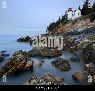 Le phare de Bass Harbor, l'un des nombreux phares classique de la Nouvelle Angleterre par un froid matin d'automne pluvieux et sombre dans d'avant Banque D'Images