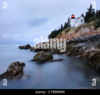 Un classique, le phare de Bass Harbor Head Light Dans Pre-Dawn la lumière sur une matinée pluvieuse dans l'Acadia National Park, Maine, USA Banque D'Images