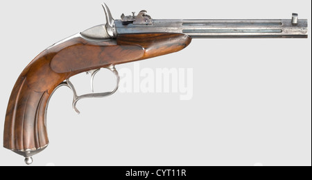 Deux pistolets de salon, vers 1870/80. Fûts octogonaux et cannelés bleutés, vues réglables sur les côtés supérieurs. Un pistolet avec alésage rivé (signé 'H. Knecht St. Galln'), l'autre avec alésage lisse, les deux en cal. Flobert 6 mm, avec alésages brillants. Demi-stocks de noyer finement grainé avec meubles en fer, l'un d'eux avec gravure de tendril, l'autre lisse. Un brut fissuré, le cylindre de bleuissement d'un pistolet frotté. Longueur 30 cm chacun. Dans un boîtier ébonisé avec des supports en nickel argent, doublé à l'intérieur avec un tissu vert pâle, à l'origine équipé pour une paire de pistolets, un rév, droits supplémentaires - Clearences - non disponible Banque D'Images