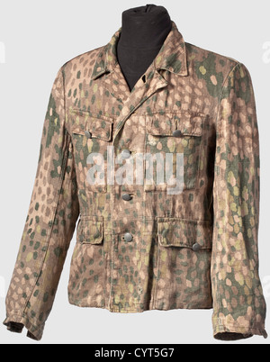 Un chemisier M 44 en camouflage de motif pois, pour les membres de la Waffen-SS un côté en tissu de forage imprimé de motif pois avec boutons en métal vernis (un manquant), renfort intérieur et poche de bandage en matériau de doublure gris. Pas d'aigle à manches, défauts minuscules et deux petites mendes. Un chemisier de terrain authentique,historique,historique,années 1930,20e siècle,Waffen-SS,Division armée de SS,service armé,services armés,NS,National Socialisme,Nazisme,Third Reich,German Reich,Allemagne,militaire,militaria,ustensile,équipement,ustensiles,objet,objets,droits additionnels-Clearences-non disponible Banque D'Images