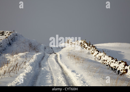 Les fortes chutes de neige et récemment chemin déblayé dans Nidderdale, Yorkshire du Nord. Banque D'Images