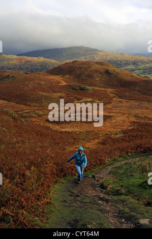 La vue sur Loughrigg est tombée près d'Ambleside Lake District Woman grimpant au sommet le jour d'automne Banque D'Images