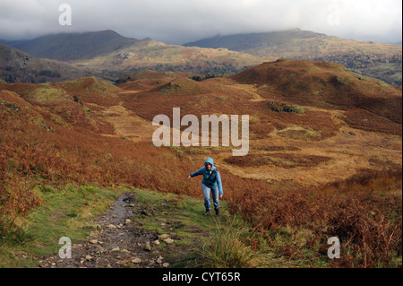 La vue sur Loughrigg est tombée près d'Ambleside Lake District Woman grimpant au sommet le jour d'automne Banque D'Images