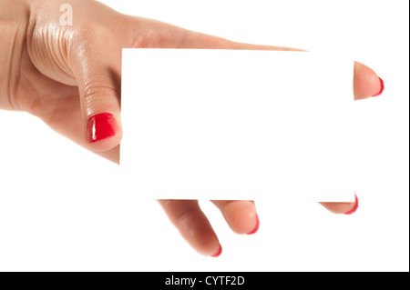 En tenant la carte fille main isolé sur fond blanc Banque D'Images