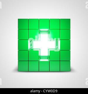 La croix verte faite de cubes 3d - symbole de la santé Banque D'Images