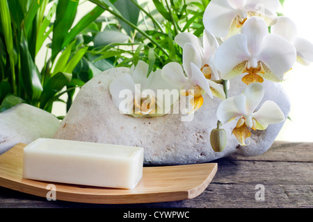 Savon Spa et orchid closeup sur arrière-plan flou Banque D'Images
