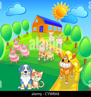 Vector cartoon professionnels d'animaux de ferme et animaux domestiques sourire sur le champ d'été avant de chambre. Banque D'Images