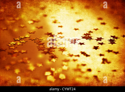 Golden stars grunge fond, belle toile étoilée abstrait décoratif, sale vieux modèle d'ornement, la veille de Noël Banque D'Images