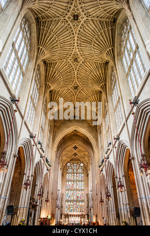 BATH, Royaume-Uni — le magnifique plafond voûté en éventail de la nef de l'abbaye de Bath met en valeur les pierres complexes de l'architecture gothique anglaise médiévale tardive. Anciennement connue sous le nom d'église abbatiale de Saint-Pierre et Saint-Paul, cette église paroissiale anglicane présente des éléments de conception gothique perpendiculaires distinctifs datant de sa reconstruction du XVIe siècle. La forme actuelle de l'église représente en grande partie la vision d'Oliver King, évêque de Bath and Wells, qui a initié la reconstruction vers 1499, bien que l'importance religieuse du site remonte à un monastère du VIIe siècle et plus tôt normand Banque D'Images