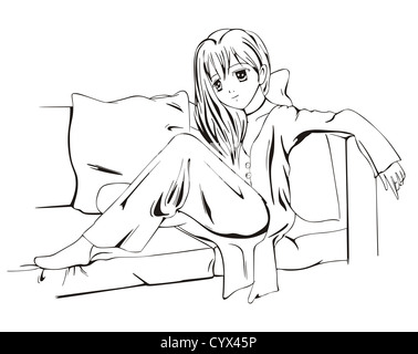 Anime girl sitting on sofa avec oreillers. Vector illustration noir et blanc. Banque D'Images