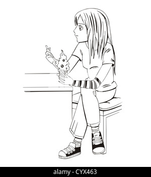 Anime girl eating ice cream. Vector illustration noir et blanc. Banque D'Images