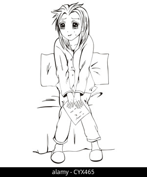 Sad anime girl emplacement sur lit avec lettre. Vector illustration noir et blanc. Banque D'Images