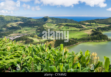 Vue sur Furnas lake vers la côte sur l'île de São Miguel, aux Açores. Banque D'Images