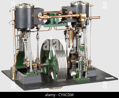 Un modèle de moteur fixe à deux cylindres verticaux, finement conçu et bien présenté, comprenant deux moteurs à un seul cylindre Stuart n° 1 montés sur un vilebrequin commun avec volant à rayons central et cinq rainures de corde, cylindres recouverts d'acier bleuté d'alésage de 2 po x 2 po de course, tuyaux d'admission et d'échappement à bride, robinets et tuyaux, régulateur à câbles multiples, tringlerie et vanne, lubrificateur mécanique et tuyauterie, lits en fonte et plancher en métal, finition verte, noire et polie. 37 x 40 cm,historique,historique,20e siècle,moteur à vapeur,vapeur fr,droits supplémentaires-Clearences-non disponible Banque D'Images