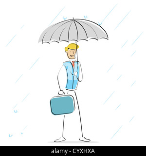 Vector illustration d'homme debout dans la saison des pluies holding umbrella Banque D'Images