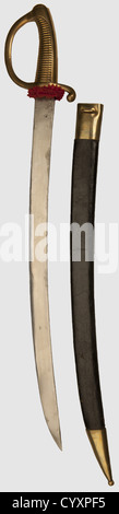 PREMIERE et SECONDE RESTRURATION 1815-1848, sabre d'infanterie, modèle 1816 dit 'briquet', Poignée de cuivre monobloc à une branche, comportant 28 canules, fourreau de cuir noirci et grentures (chope et bouche) en cuivre, sur la pointe, barrette de Versailles, plaque de fabrication de la plaque. Dos de la lame marqué 'anuf Rle du Klingenthal mai 1818', bon état général, cravate reconstituée. Longueur 76,5 cm, , droits-supplémentaires-Clearences-non disponible