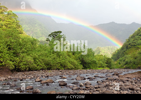 Tahiti. Mountain River et Rainbow Banque D'Images