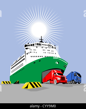 Illustration d'un roulier à passagers bateau ferry avec cargo van conteneurs camions fait dans le style rétro Banque D'Images