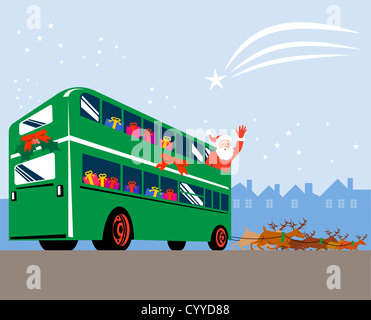 Illustration du Père Noël Santa Claus waving équitation double decker bus avec des rennes tirant fait dans le style rétro Banque D'Images