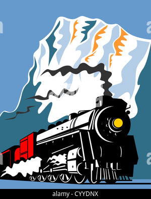 Illustration d'un train à vapeur locomotive de chemin de fer, qui se fait dans le style rétro gravure sur bois Banque D'Images