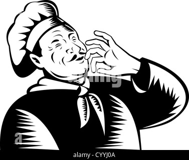 Illustration d'un chef de cuisine, cuisinier ou Baker fait dans le style rétro woodcut holding hand to mouth kiss lips Banque D'Images