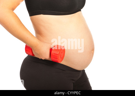 Femme enceinte et ventre haltère isolé sur fond blanc Banque D'Images