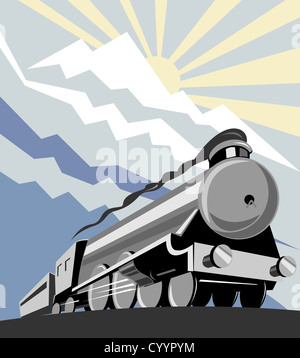 Illustration d'un train à vapeur locomotive de chemin de fer, qui se fait dans le style rétro gravure sur bois Banque D'Images