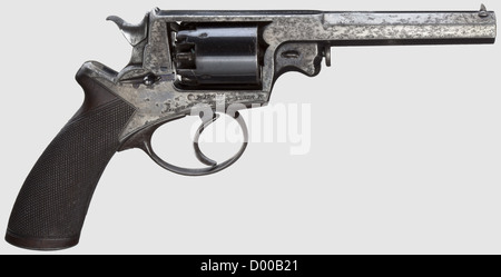 Un Beaumont Adams Revolver en boîtier, 2e modèle, London Armoury Company vers 1858.Cal.388,no 33378.4 1/2'-baril avec adresse gravée du concessionnaire 'Trulock & Harris,9 Dawson STT.Dublin'.sur le côté London acceptation et timbre 'L.A.C.' de la London Armoury Company.cylindre cinq coups avec timbres d'acceptation de noyer du côté droit.sur le cadre de contrôle '80.sur le côté droit.Adam.1.1'Ox.1.1.1.1.1.1.1.1.1.1.1.1.1.1.1 Bleuissement très poli.longueur 23.5 cm.Comes dans un coffret en acajou accessoire,verrouillable,clé incluse.Inposé dans vert felt.Complete accessoires consistin,droits supplémentaires-Clearences-non disponible Banque D'Images