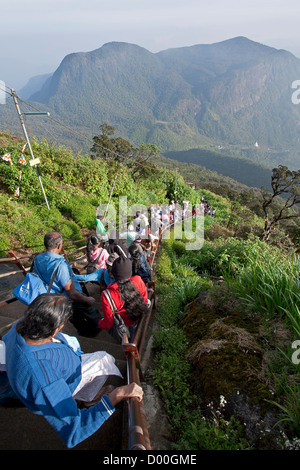 Pèlerins à descendre les escaliers. Pic d'Adam (Sri Pada). Sri Lanka Banque D'Images