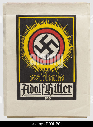 Jacques Buser-Kobler(BUKO)- UNE bibliothèque (ex libris) et un autographe Adolf Hitler,la bibliothèque en trois couleurs xylographie sur papier fait à la main, signé 'BUKO', 14.5 x 11 cm. Attaché au bord supérieur au dos d'une carte de soulagement d'artiste 'Volkskanzler Adolf Hitler' avec un médaillon estampé d'or montrant un buste d'Hitler ainsi que la signature d'Hitler dans l'encre 'Adolf Hitler - den 16/Juni 1933'. Inclus est la carte postale rare Hoffmann 'Landesgruppenleiter Gustaloff' (traces de colle inversée) ainsi que six scènes suisses aquarelle en format carte postale (non signé, mais lik, droits supplémentaires-Clearences-non disponible Banque D'Images