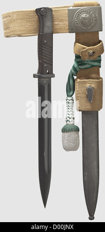 Un modèle à baïonnette 84/98 III avec troddel et courroie, fabricant Ernst Pack & Sons, Solingen, Nr 3055 e lame brunie, numérotée avec marque de fabricant. Hile bruni avec plaques de préhension Bakelite brun noir, acceptation Wehrmacht. Fourreau en acier phosphaté gris-vert assorti avec trobdel NCO, grenouille tissée et courroie(fabricant Berg U. Nolte AG, Lüdenscheid 1942). Les pièces en acier ont légèrement disparu. Longueur 38.8 cm,historique,historique,années 1930,20e siècle,armée,armées,forces armées,militaires,militaro,objet,objets,alambics,coupures,coupures,couper-ou,droits additionnels-Clearences-non disponible Banque D'Images