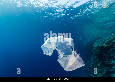Un sac en plastique des déchets jetés flotte dans l'océan ouvert près d'un mur de corail en mer Rouge Banque D'Images