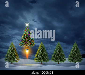 Maison de l'excitation et la joie de Noël avec un groupe d'arbres de pin dans un paysage couvert de neige pendant la nuit et un tr Banque D'Images