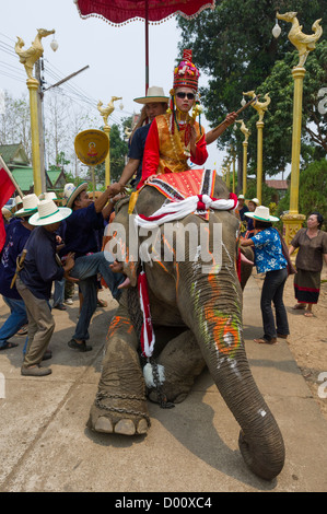 Ouvrir vêtu d'un costume criard et lunettes monté sur un éléphant, prête à être traitée de Wat Hat Siao à être ordonnés moines novices, Elephant Retour Cérémonie d'Ordination (Buat Chang), si Sachanalai, Sukhothai, Thaïlande Banque D'Images