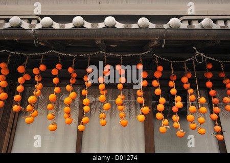 Le kaki ou kaki accroché à sécher au soleil dans la hase, Sakurai, Japon Banque D'Images