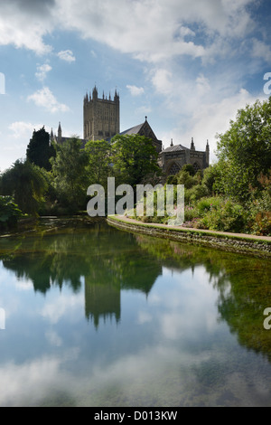 Wells Cathedral et reflète dans l'étang de l'Évêché, Wells, Somerset, Royaume-Uni. Banque D'Images