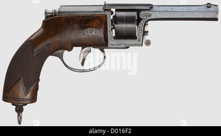 Un revolver allemand à aiguilles, F. von Dreyse,Sömmerda,vers 1860. CAL..35'. Numéro de série 5104. Canon octogonal rifud et légèrement surbagé avec alésage brillant. Données du fabricant sur le pont de châssis, châssis avec gravure modeste et calibre sur le côté droit. Aiguille manquante, mécanisme d'allumage défectueux, bleuissement usé et bosselé à des endroits. Cadre de prise avec anneau de contrôle fin et boucle de cordon, fissure de pression sur la gauche. Longueur 37 cm,historique,historique,19e siècle,arme de poing civile,armes de poing,pistolet,armes,arme,arme,arme,arme,arme,arme,armes,armes,droits additionnels-autorisations-non disponible Banque D'Images