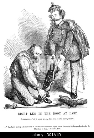 Jambe droite dans le coffre. Caricature politique sur Garibaldi aidant libération Victor Emmanuel d'Italie, novembre 1860 Banque D'Images