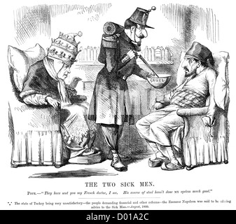 Deux hommes malades de l'Europe. Caricature politique à propos de l'Empereur Napoléon en aidant le pape et la Turquie, Août 1860 Banque D'Images