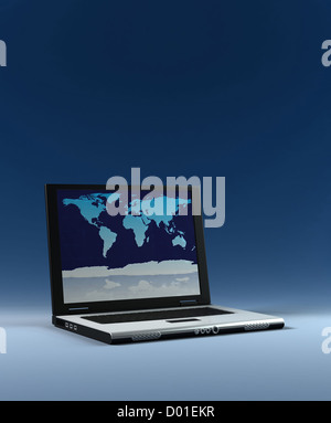 Ordinateur portable avec carte du monde à l'écran ,rendu 3D haute résolution Banque D'Images