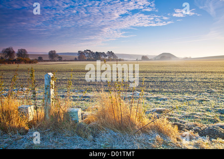 Frosty autumnal campagne du Wiltshire avec paysage néolithique iconique Silbury Hill dans la distance Banque D'Images