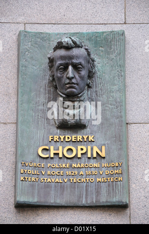 Prague, République tchèque. Commémoration sur le mur de la Banque nationale tchèque de la chambre où Chopin a vécu de 1829-1830 Banque D'Images