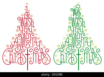 Les arbres de Noël typographique avec les lettres manuscrites et les flocons Banque D'Images