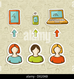 Ordinateur, tablette et mobile se connectent sur le réseau social les personnes de plus de croquis modèle icônes. Couches d'illustration vectorielle pour une manipulation facile et coloris. Banque D'Images