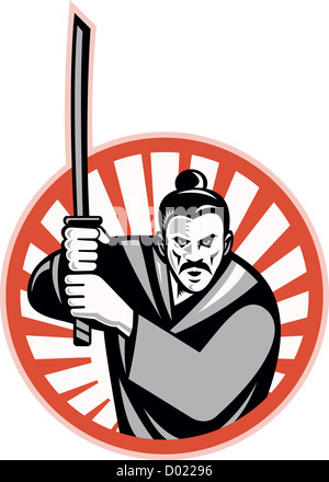 Illustration d'un samurai warrior face à l'avant avec katana sword mis à l'intérieur du cercle fait en style rétro. Banque D'Images