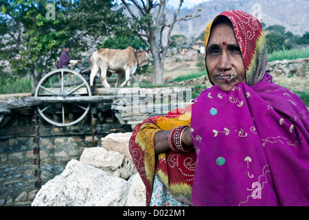 Femme indienne en vêtements traditionnels à roue de l'eau et le Rajasthan en Inde Banque D'Images