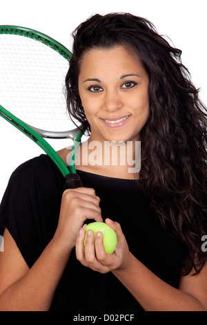 Jolie jeune fille avec une raquette de tennis isolé sur fond blanc Banque D'Images