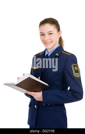 Fille dans l'uniforme de la compagnie ferroviaire avec un journal intime Banque D'Images