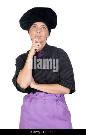 Jolie femme cook with pensive expression isolé sur fond blanc Banque D'Images