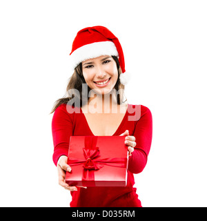 Beautiful Asian woman wearing Santa hat and holding a Christmas Gift, isolated on white Banque D'Images